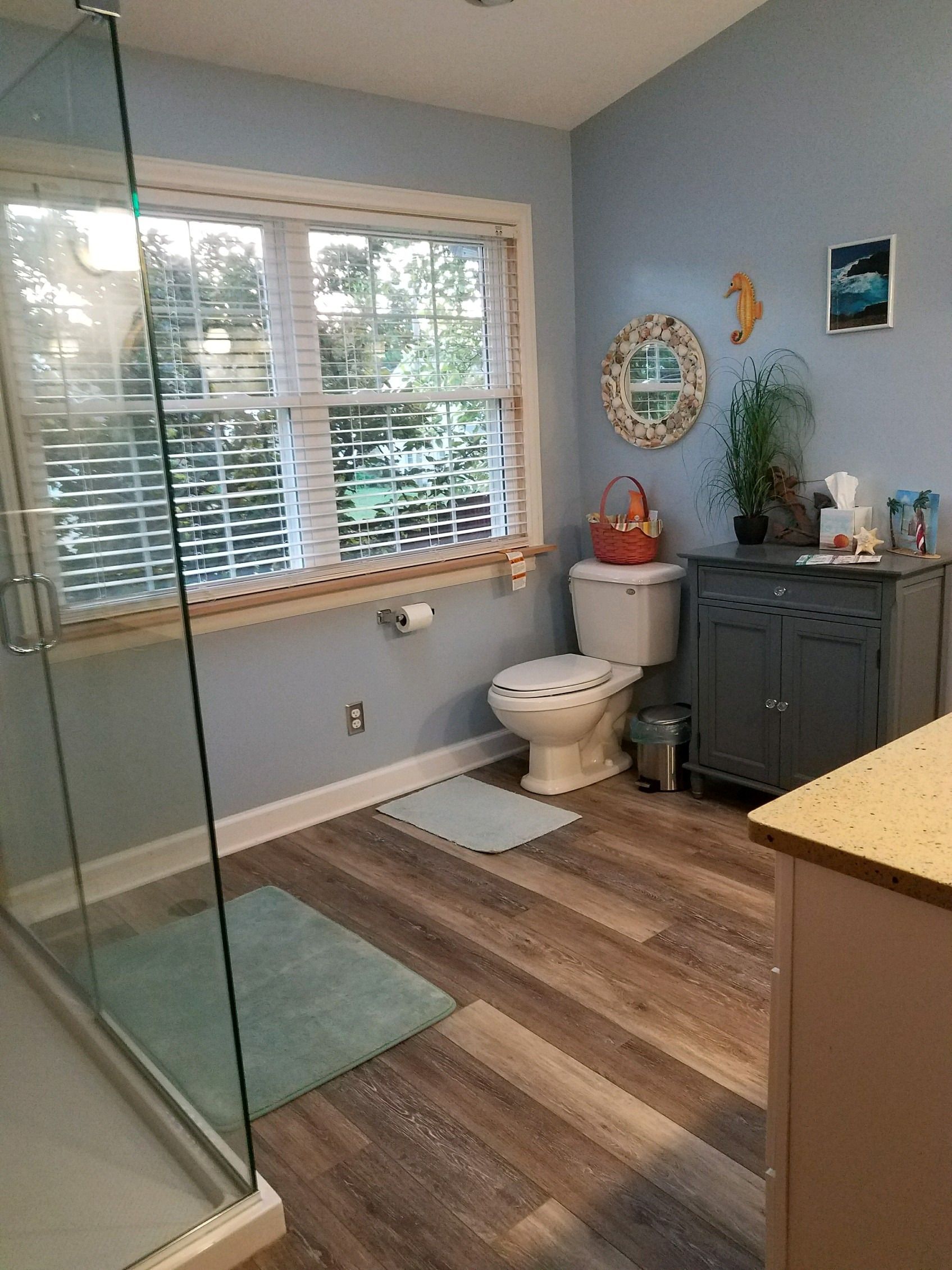 Remodeled bathroom with frameless glass shower, plank flooring and blue walls.